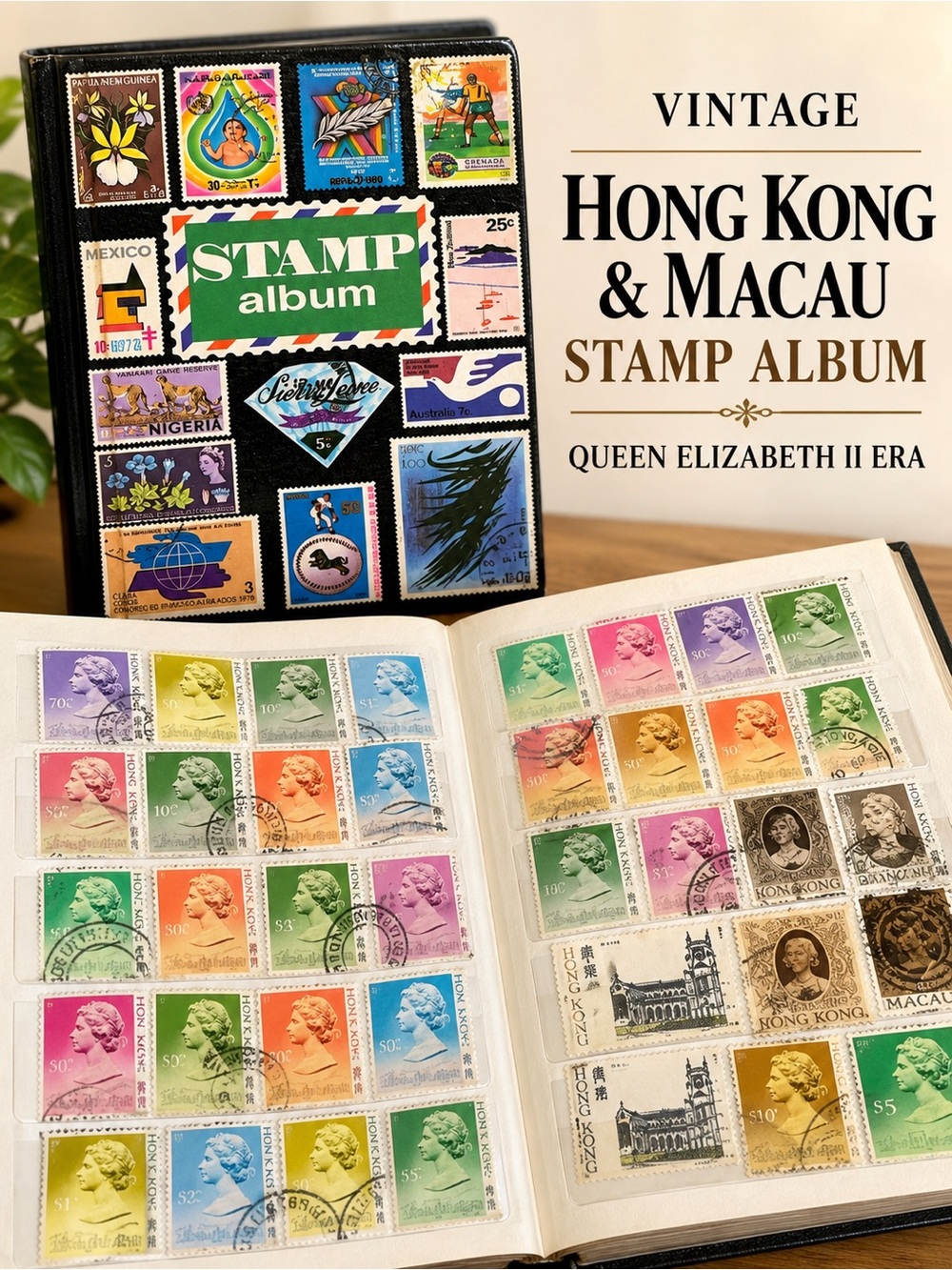 Vintage Hong Kong Macau Postage Stamp Album Queen Elizabeth II